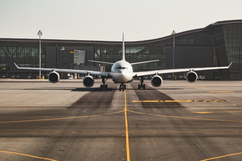 Passenger aircraft taxiing on the airport apron